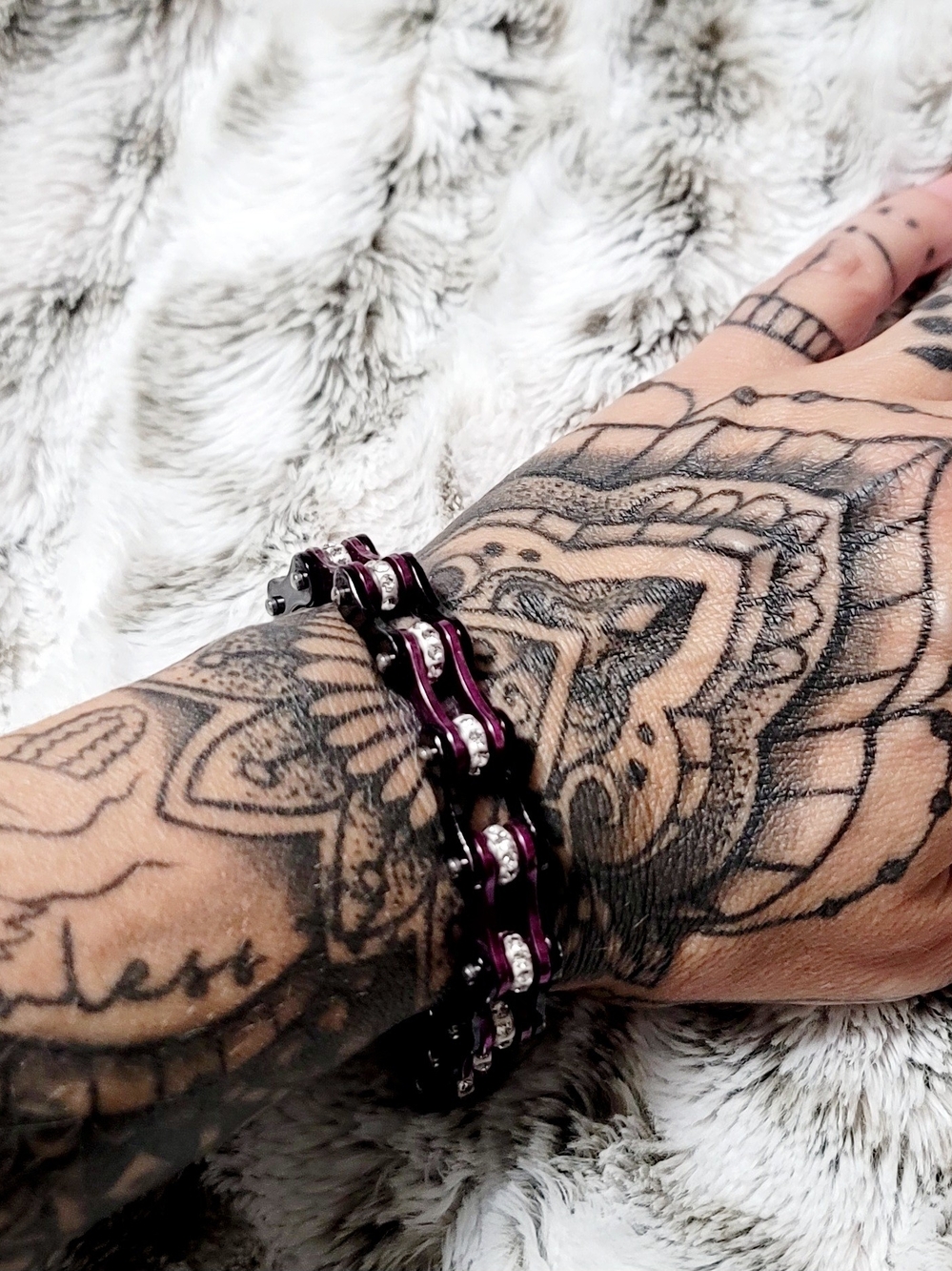Black & Electric Purple Bike Chain Bracelet With Sparkling Rhinestones